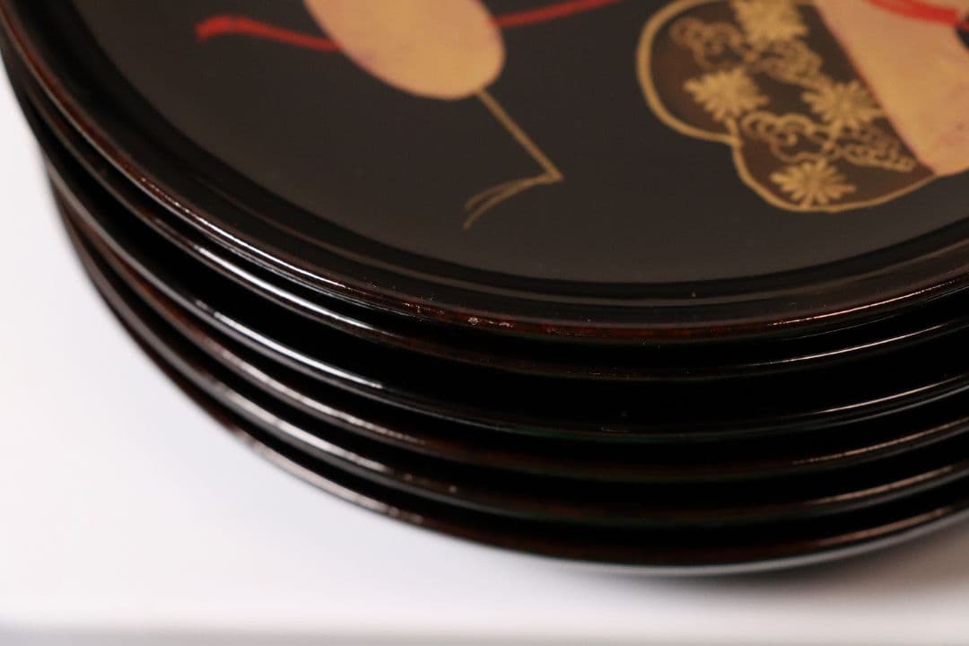 漆芸 時代 宝尽くし図 金蒔絵 黒塗 木皿 九客 天然木 明治大正 【CM59】