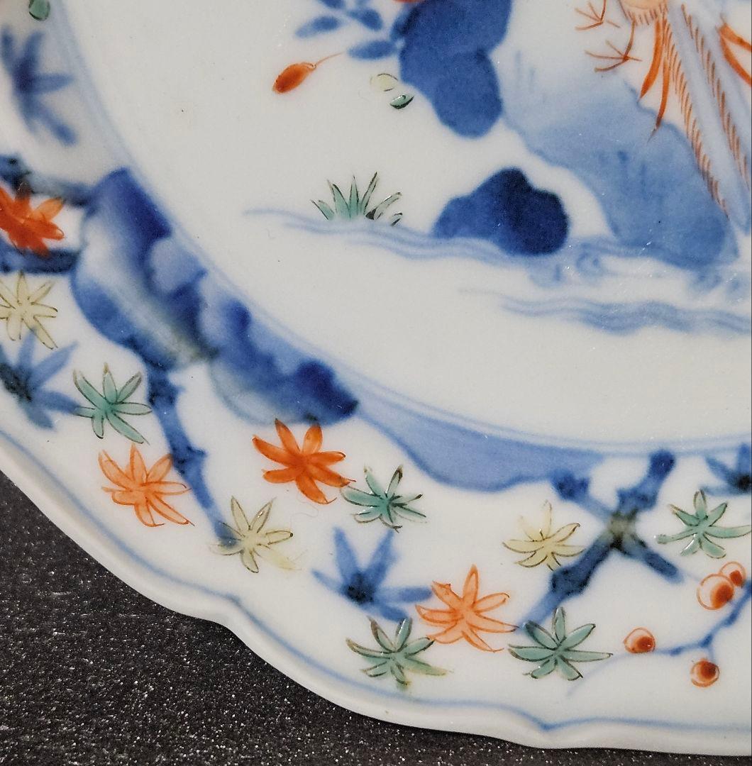 【名品❗】江戸時代後期　柿右衛門様式　染錦　双鳥に　梅花紅葉赤花図　輪花皿　2客