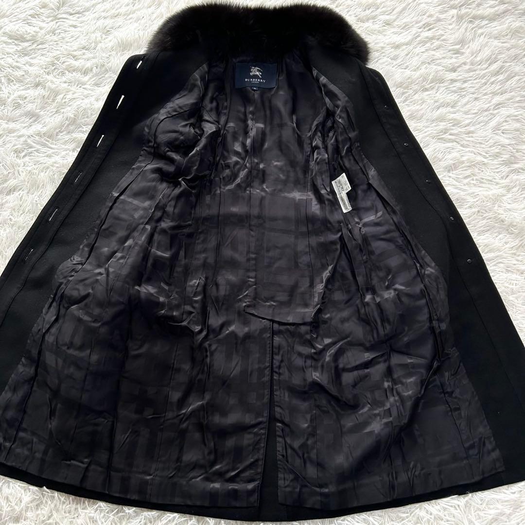 バーバリーロンドン　ロングコート　カシミヤ混　フォックスファー　ベルト　黒　36