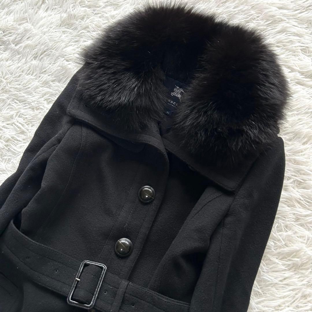 バーバリーロンドン　ロングコート　カシミヤ混　フォックスファー　ベルト　黒　36