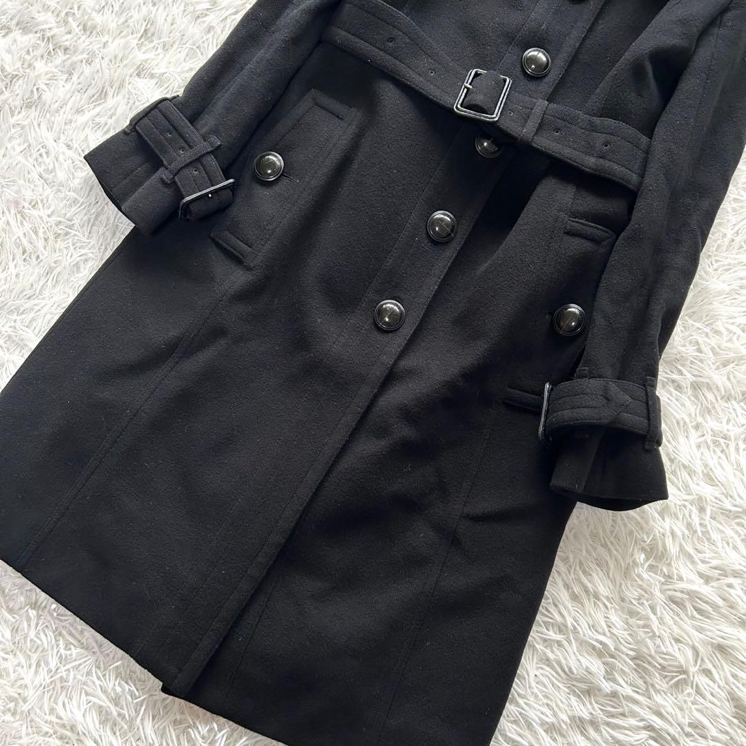 バーバリーロンドン　ロングコート　カシミヤ混　フォックスファー　ベルト　黒　36