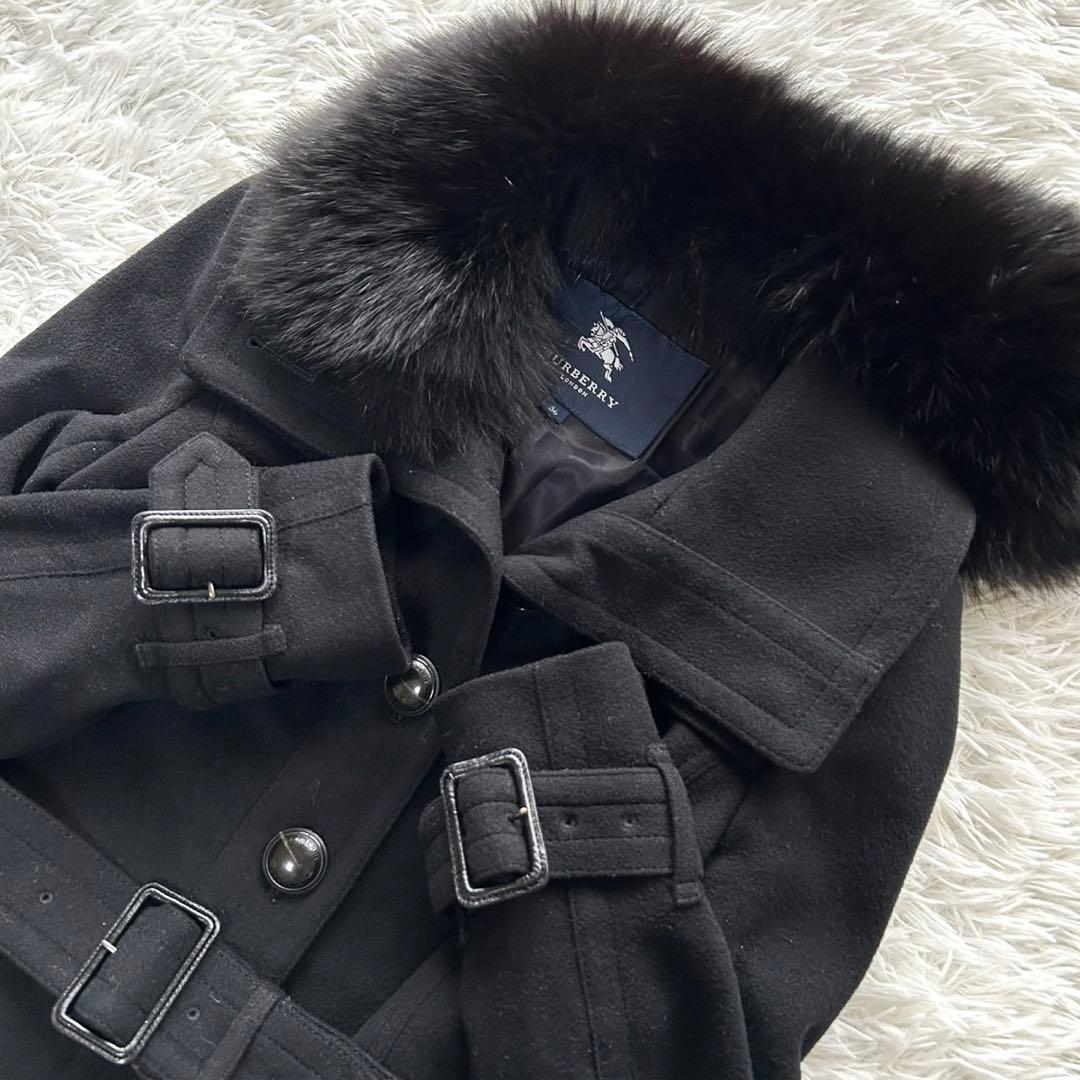 バーバリーロンドン　ロングコート　カシミヤ混　フォックスファー　ベルト　黒　36
