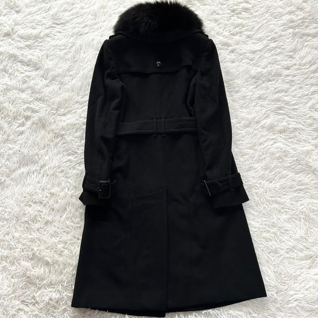 バーバリーロンドン　ロングコート　カシミヤ混　フォックスファー　ベルト　黒　36