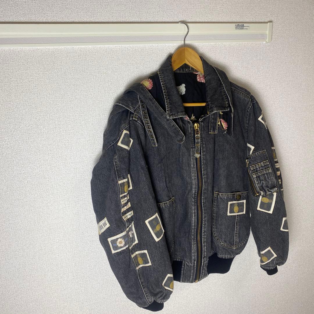 80's PINK HOUSEピンクハウス ブラックデニムジャケット ワッペン