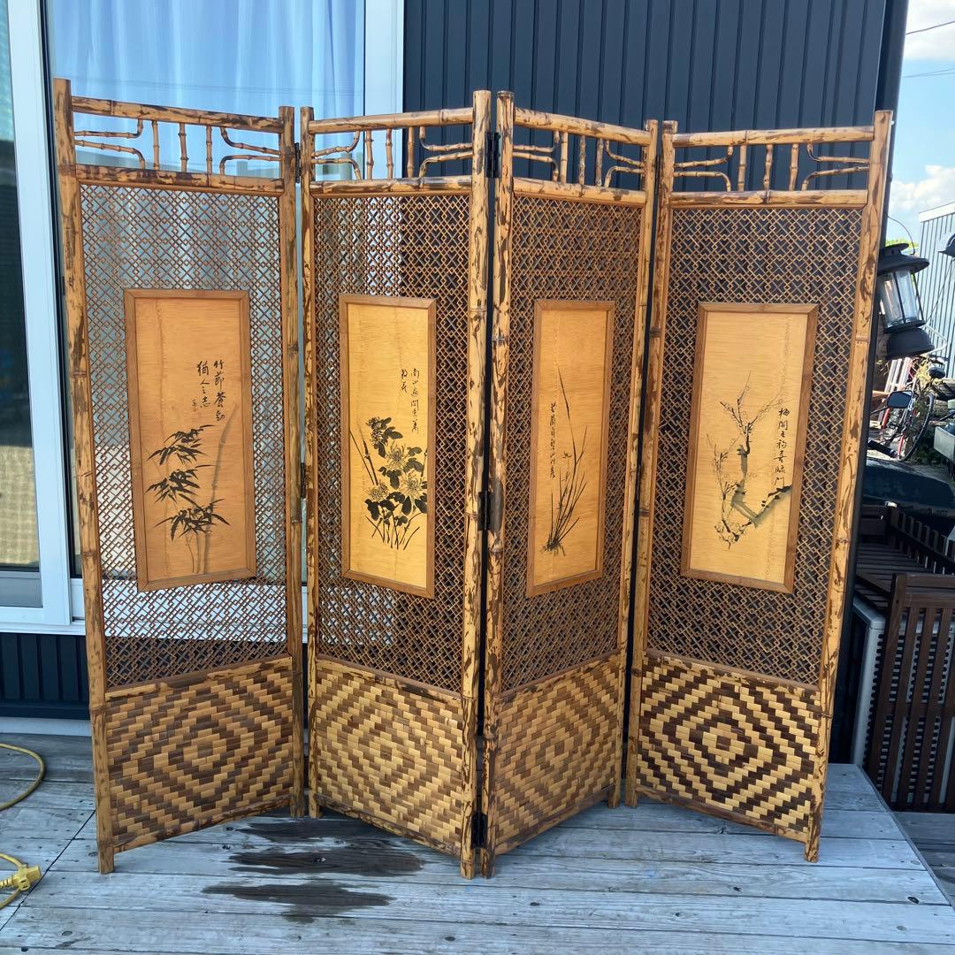昭和レトロ 竹製格子型屏風 日本画 春夏秋冬草花 4枚 パーテーション 衝立
