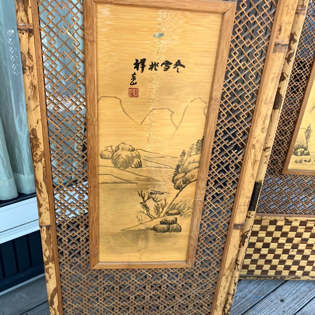 昭和レトロ 竹製格子型屏風 日本画 春夏秋冬草花 4枚 パーテーション 衝立