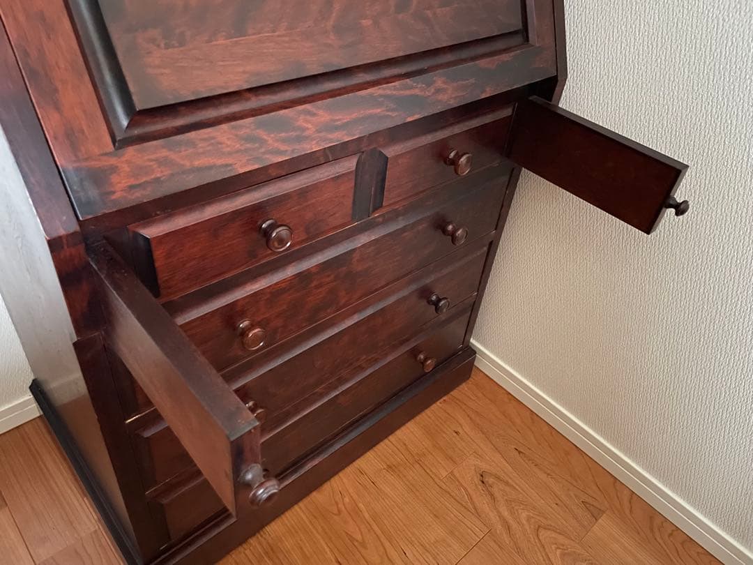 長野松本民芸家具　天然木ライティングビューロー ダークブラウン　デスク　チェスト