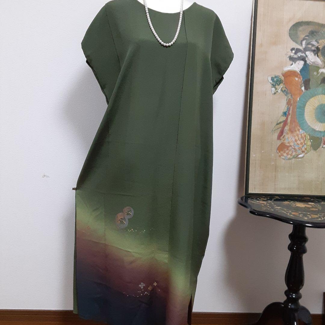 リメイク着物ロングワンピースボレロ付きＬ正絹日本刺繍