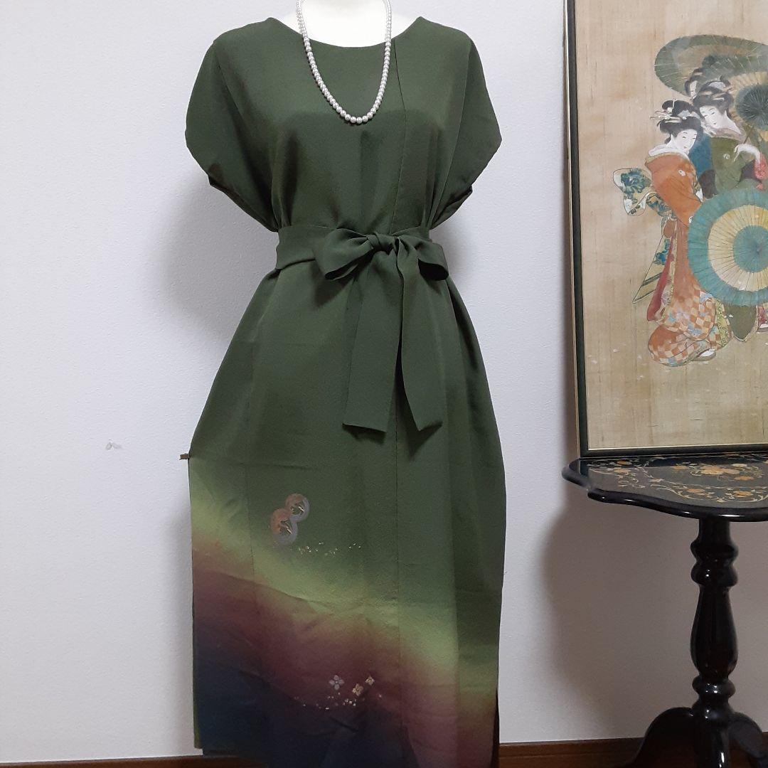 リメイク着物ロングワンピースボレロ付きＬ正絹日本刺繍