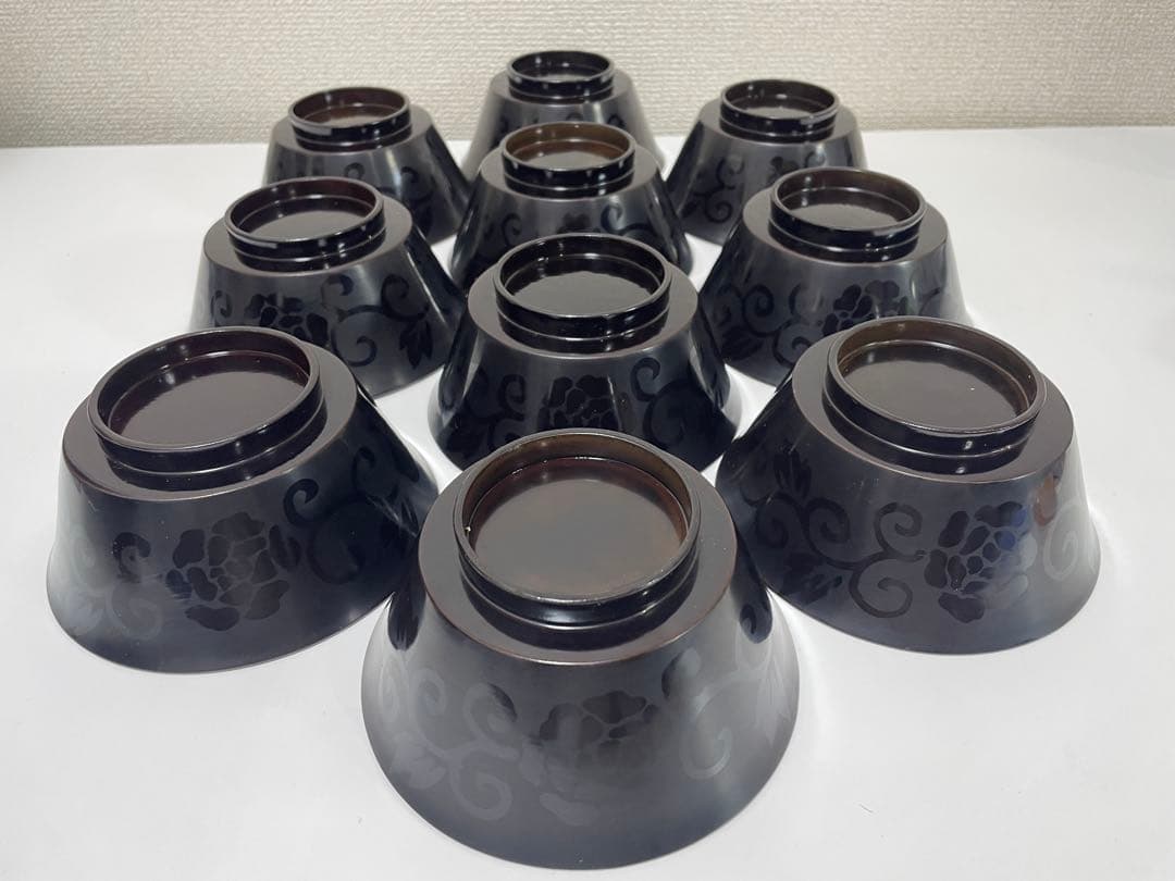 黒漆器 黒漆 内黒塗 漆器 吸物 懐石椀 煮物椀 10客 唐草柄 アンティーク