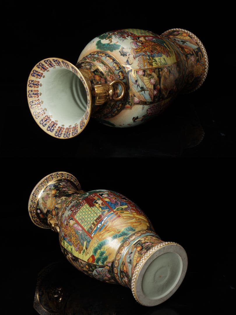 薩摩焼 金薩摩 美人図 大花瓶 高さ61.5㎝ 飾壷 耳付き 花入 古美術品