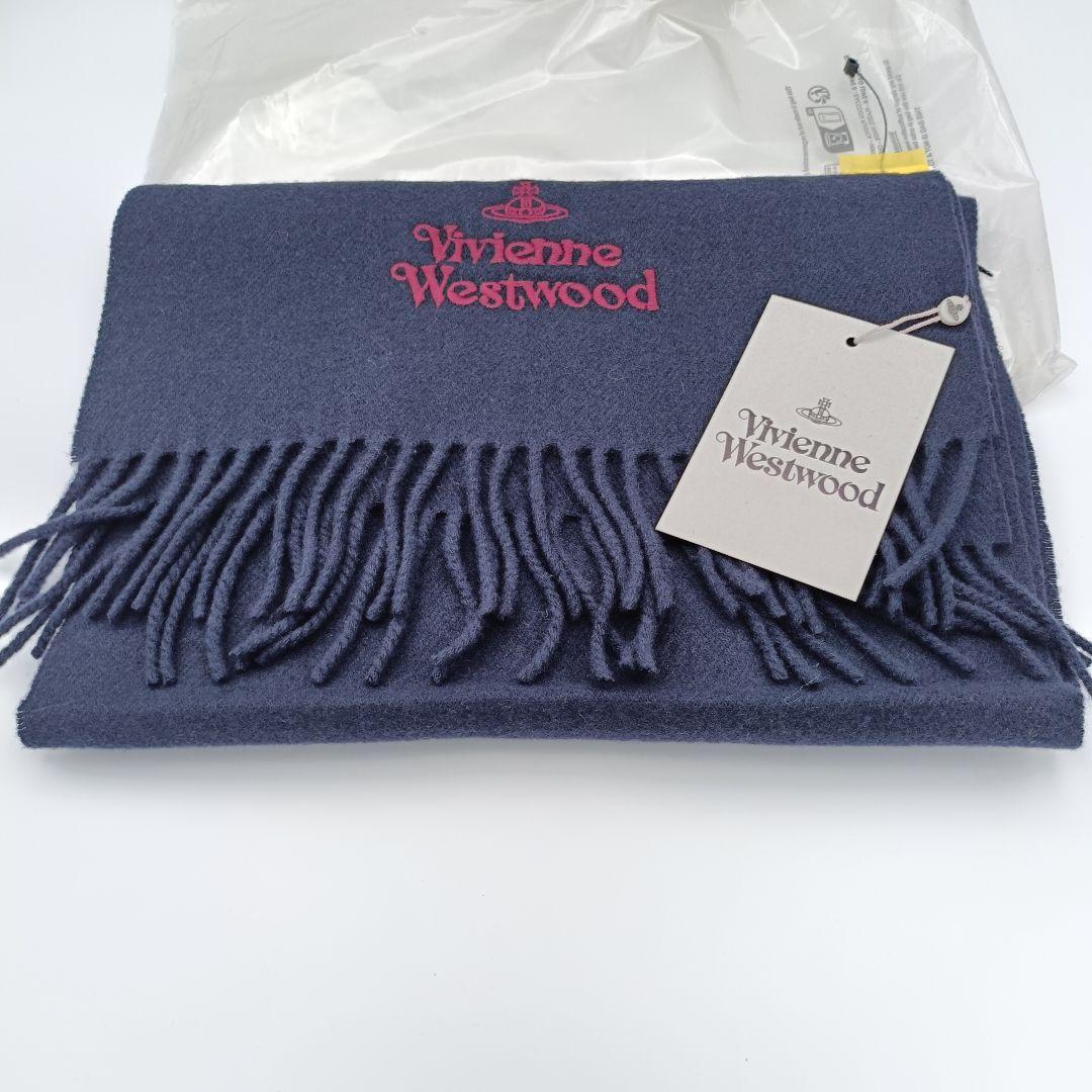 未使用 【タグ付き】ヴィヴィアンウエストウッド マフラー 刺繍 ネイビーブルー