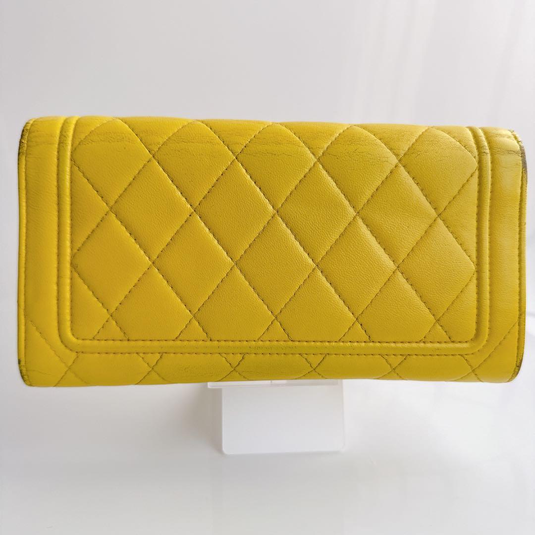シャネル ロングウォレット 長財布 マトラッセ ターンロック風 イエロー 黄色