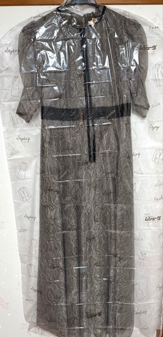 LEJA ウエストマークパフスリーブ総レースロングドレスワンピース グレー