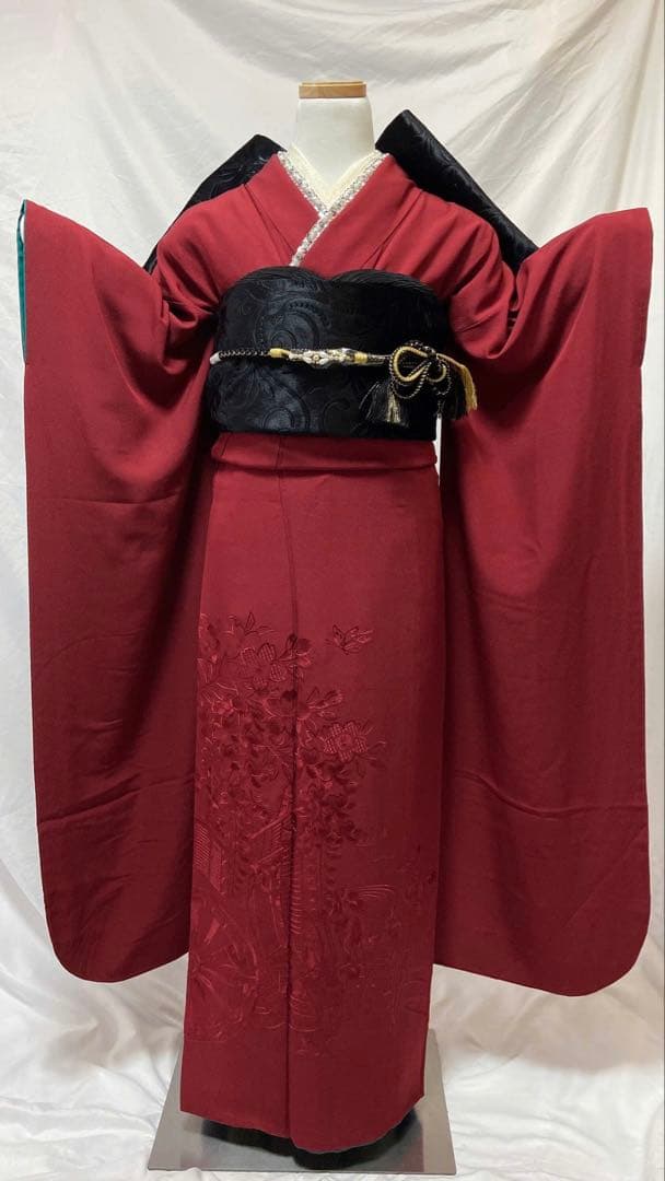 御所車花文刺繍　振袖　成人式　フルセット　正絹　　振袖フルセット