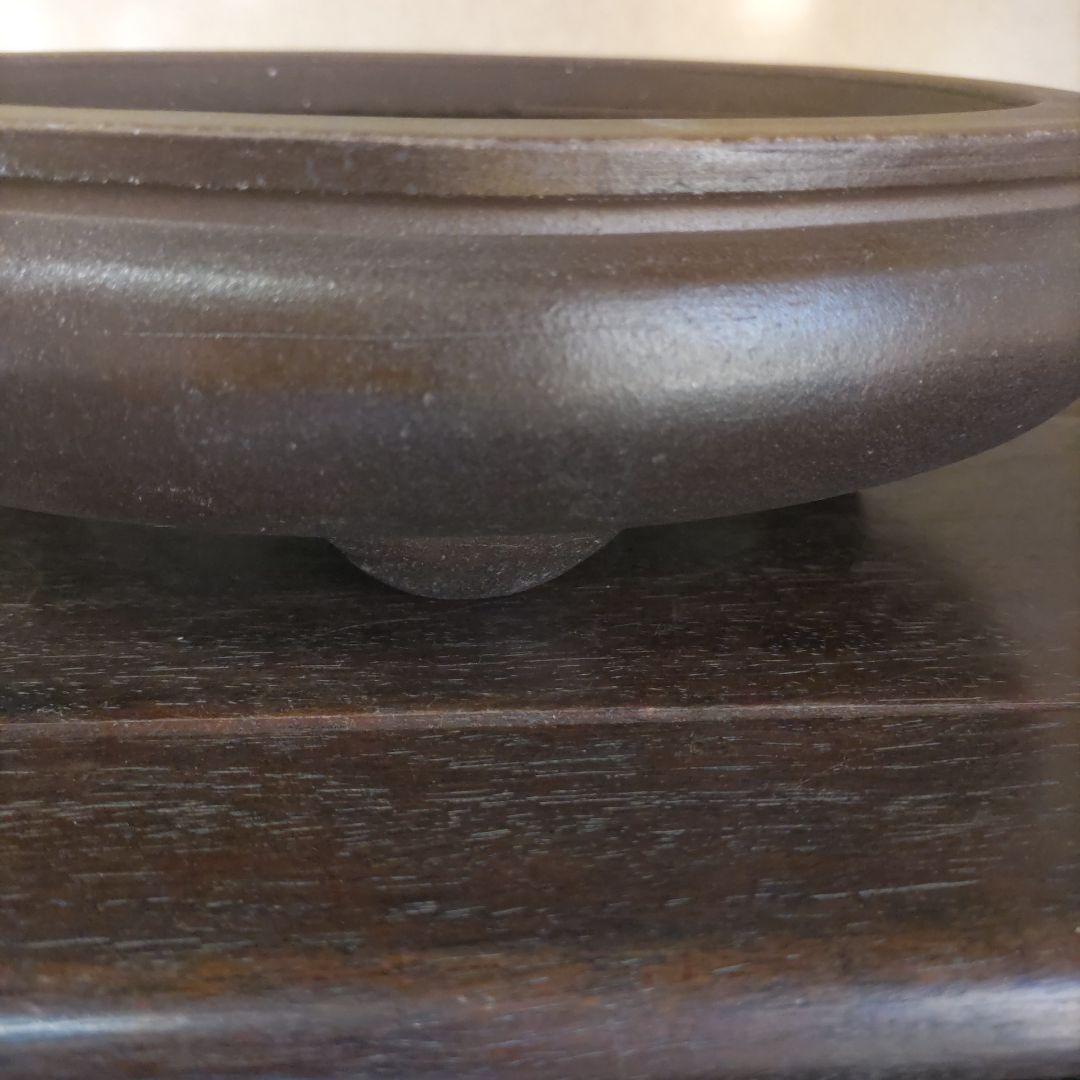 翼記、落款、紫泥袋式楕円鉢、盆栽鉢、植木鉢、古鉢、年代鉢、