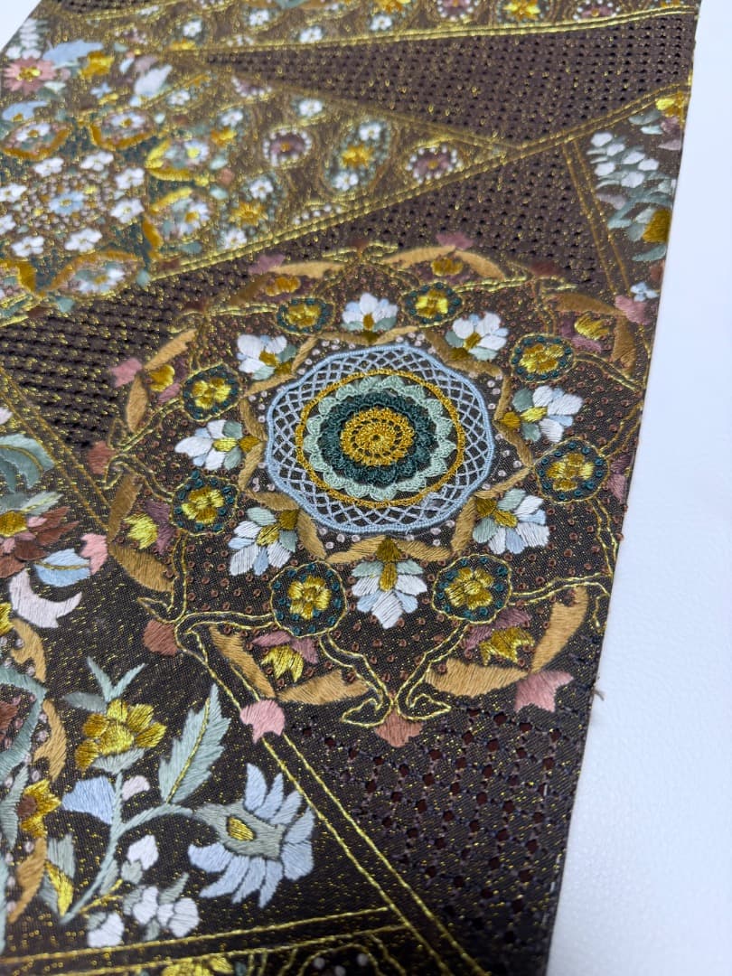 高級 袋帯 正絹 六通柄 汕頭刺繍 蘇州刺繍 相良刺繍 金通し ブラウン