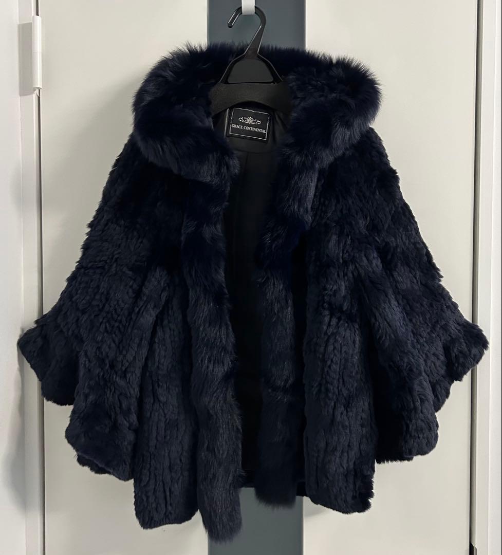 グレースコンチネンタル ネイビー ポンチョ ファー コート