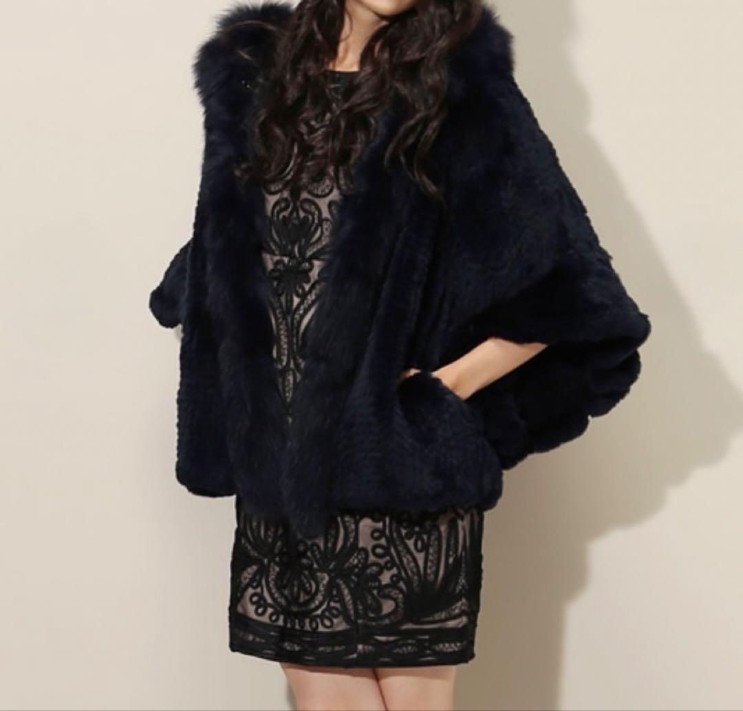 グレースコンチネンタル ネイビー ポンチョ ファー コート