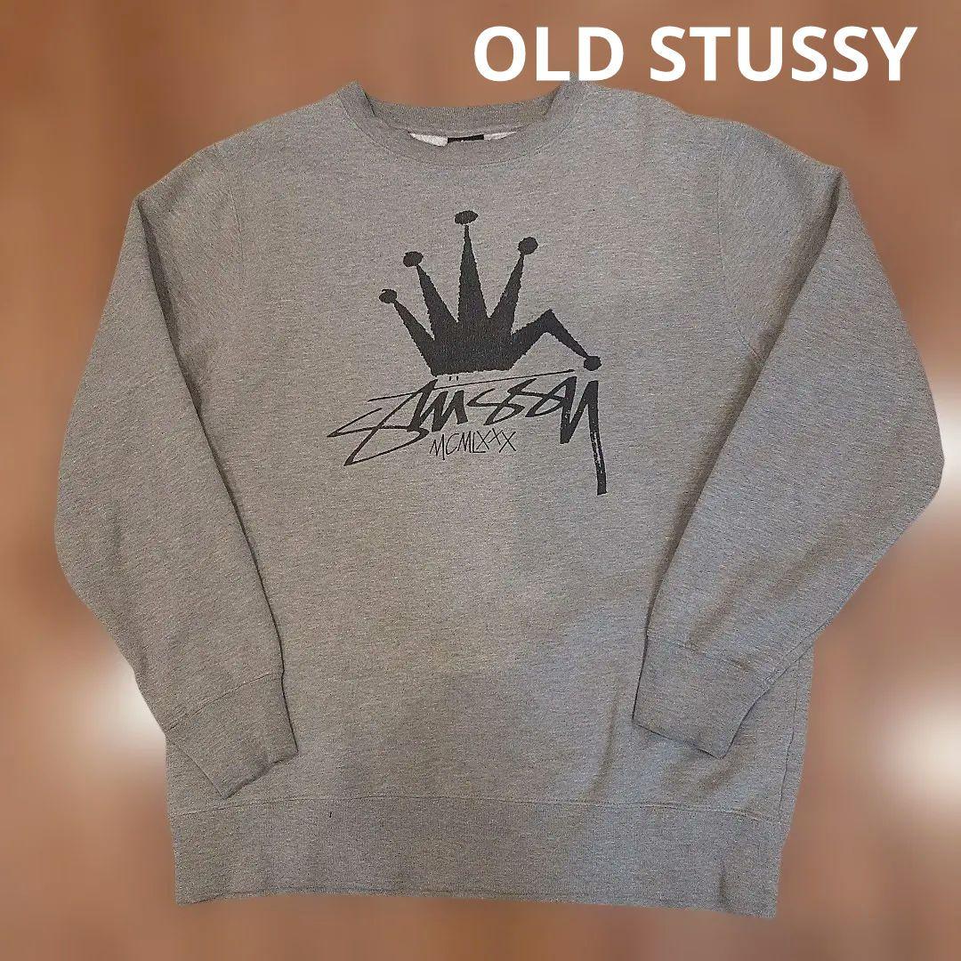 【old STUSSY】折れクラウン染み込みプリントスェット　霜降りグレー