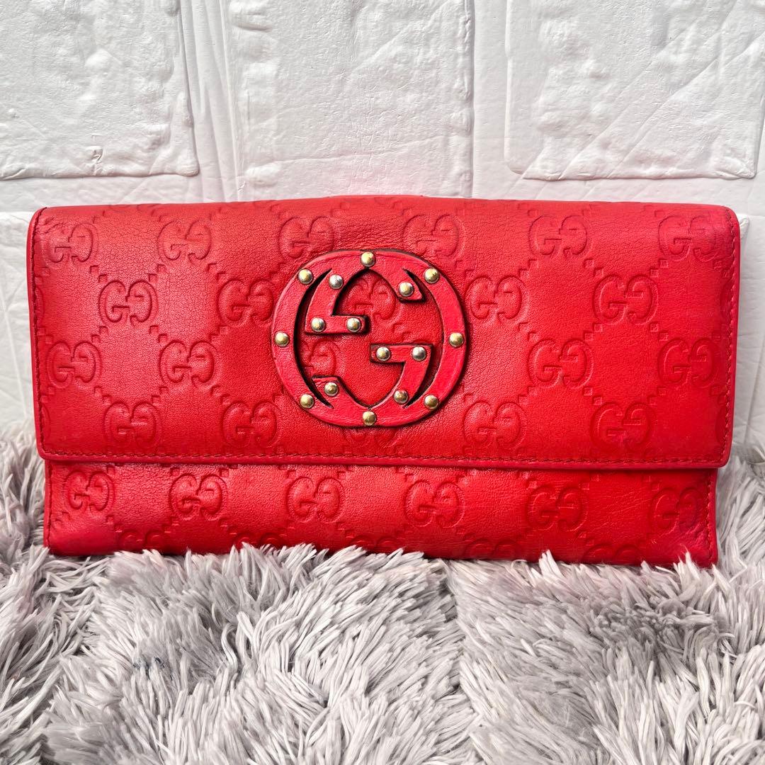 美品✨GUCCI コンチネンタル　シマ　長財布　インターロッキング　朱色