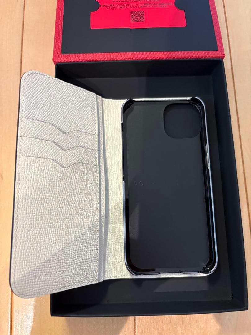 ボナベンチュラ iPhone14レザー 手帳型ケース ライトグレー×ホワイト