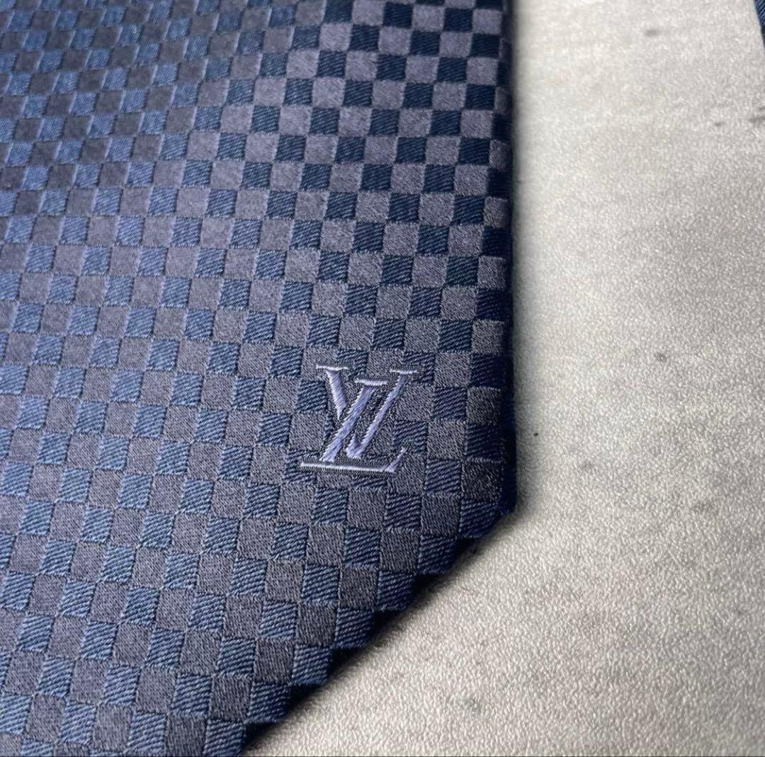 極美品 LOUIS VUITTON ジャガード マイクロダミエ ネクタイ 紺