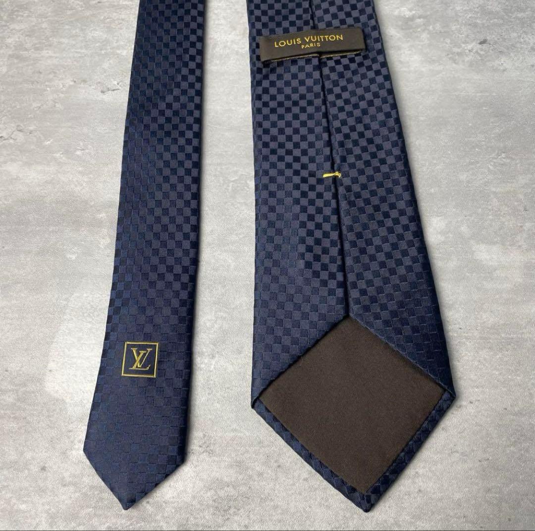 極美品 LOUIS VUITTON ジャガード マイクロダミエ ネクタイ 紺