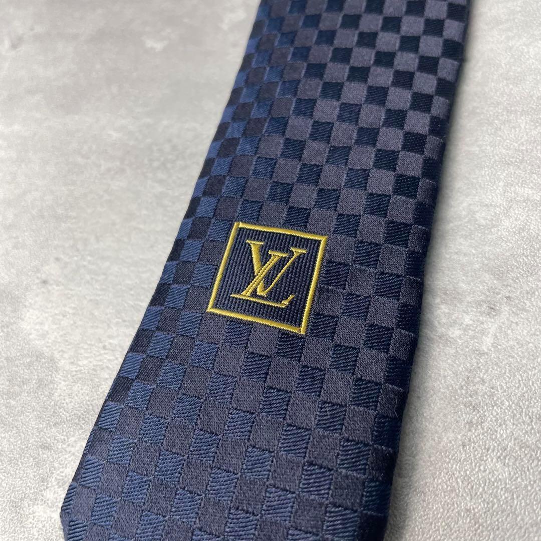 極美品 LOUIS VUITTON ジャガード マイクロダミエ ネクタイ 紺