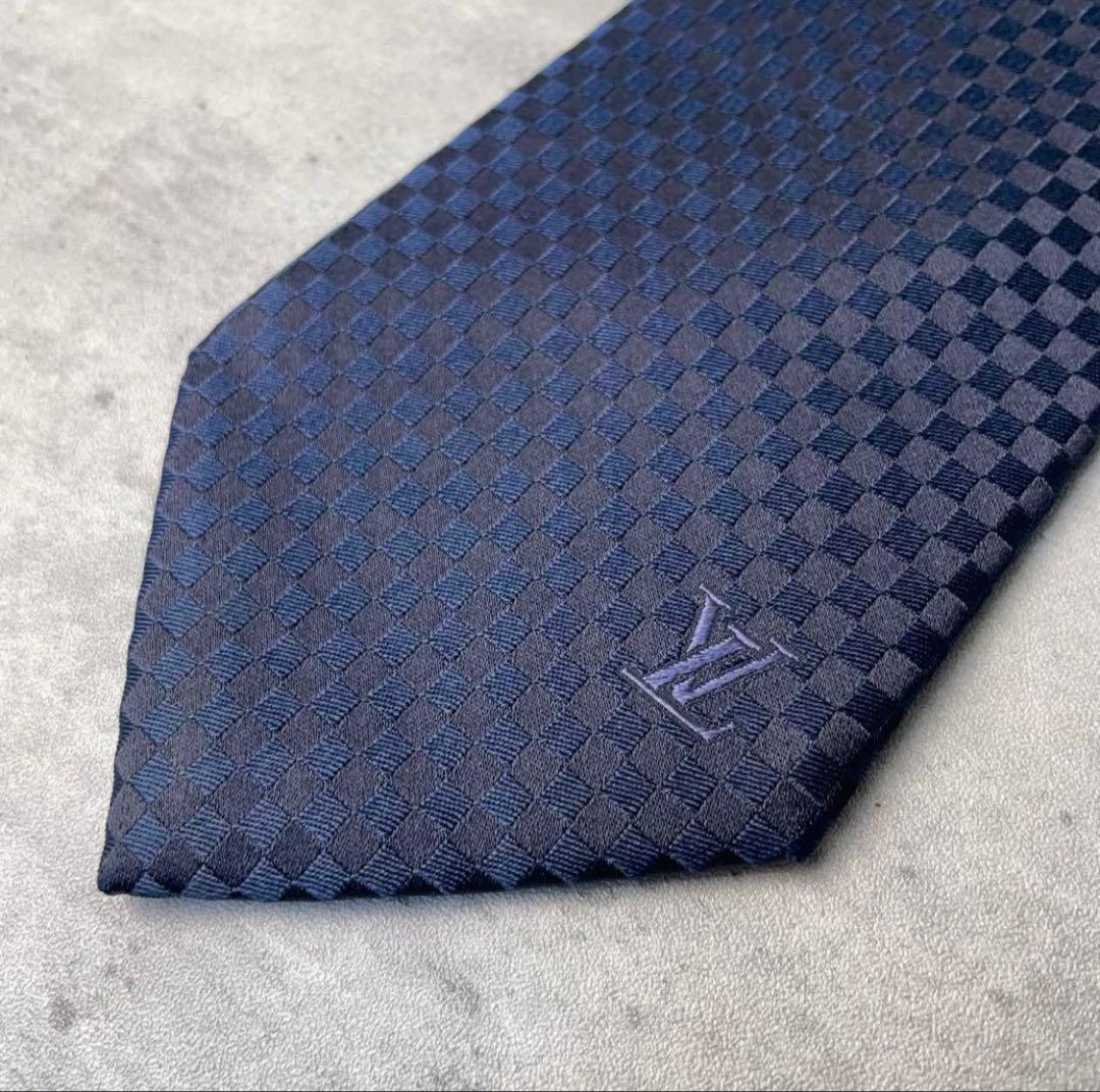 極美品 LOUIS VUITTON ジャガード マイクロダミエ ネクタイ 紺