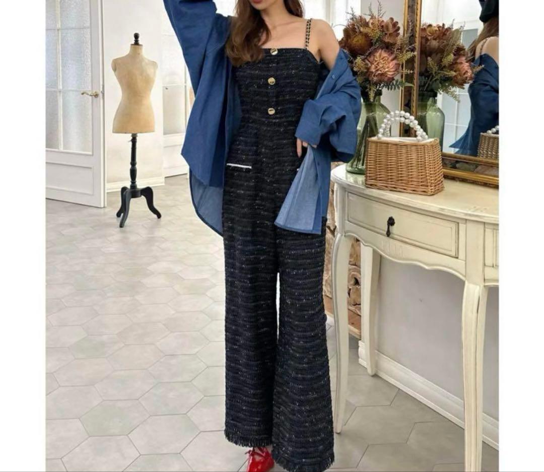 PARTY ダブルチェーンストラップツイードオールインワン　ブラック