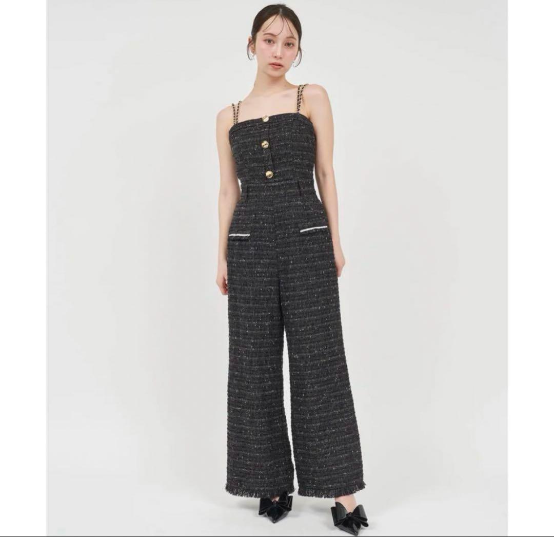 PARTY ダブルチェーンストラップツイードオールインワン　ブラック