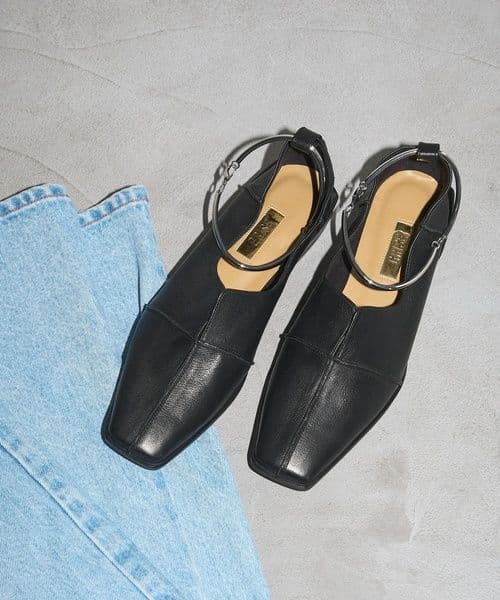 【GRISE】レザースクエアクロスシームアンクルフラット BLACK 24cm