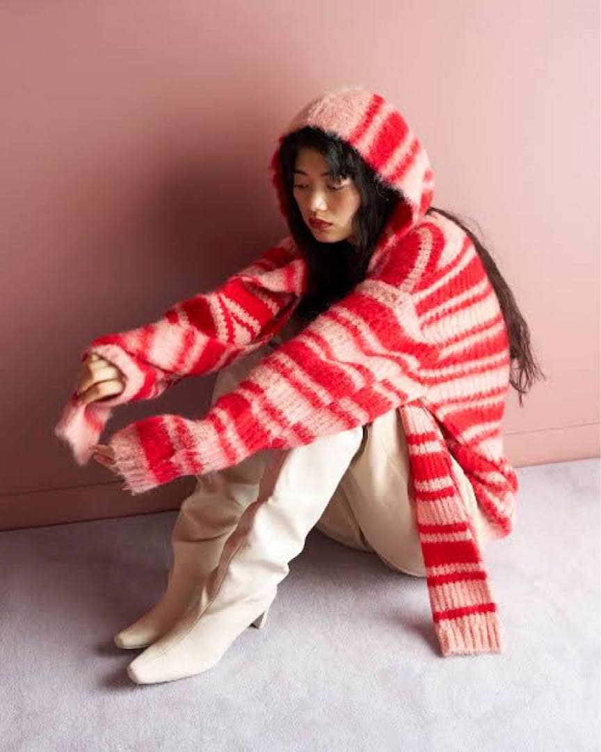poppy あさぎーにょ knit hood warmer ボーダー　マフラー