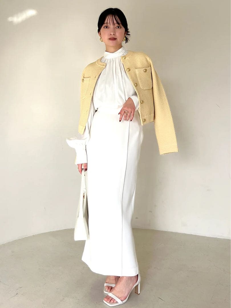 【美品】anuans ノーカラーニットジャケット イエロー M