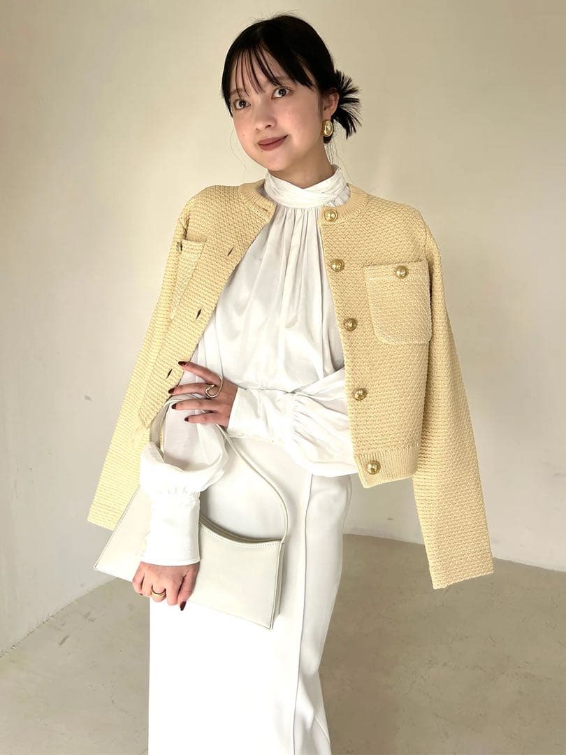 【美品】anuans ノーカラーニットジャケット イエロー M