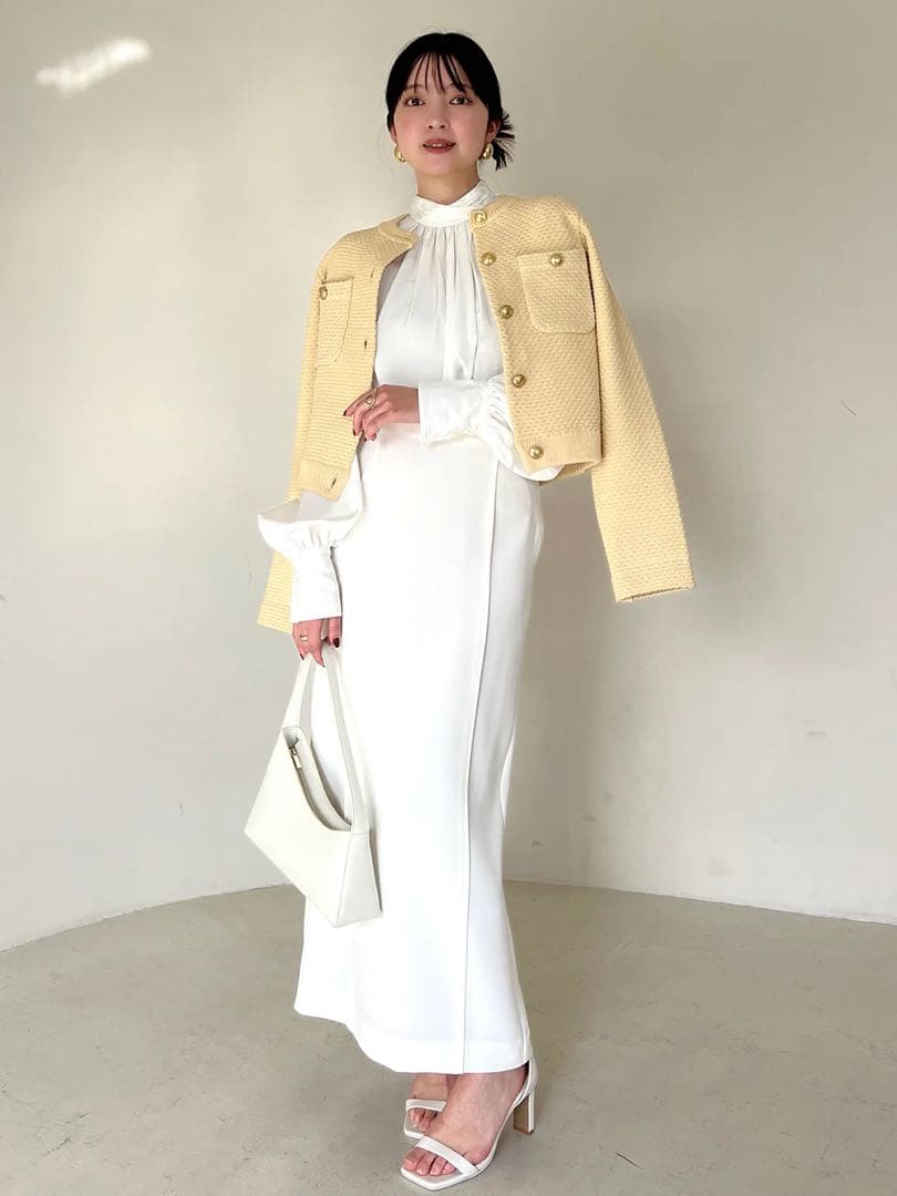 【美品】anuans ノーカラーニットジャケット イエロー M