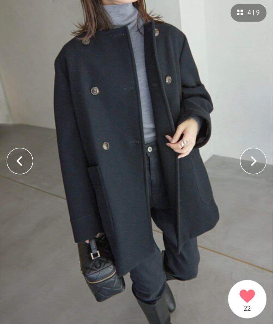 ダブルクロスシャルム ダブルボタンノーカラーショートコート　スローブイエナ