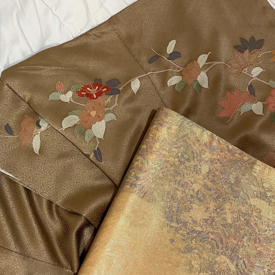 訪問着　付下げ　袷　正絹　ブラウン　茶色　ブロンズ　トールサイズ　ロング丈