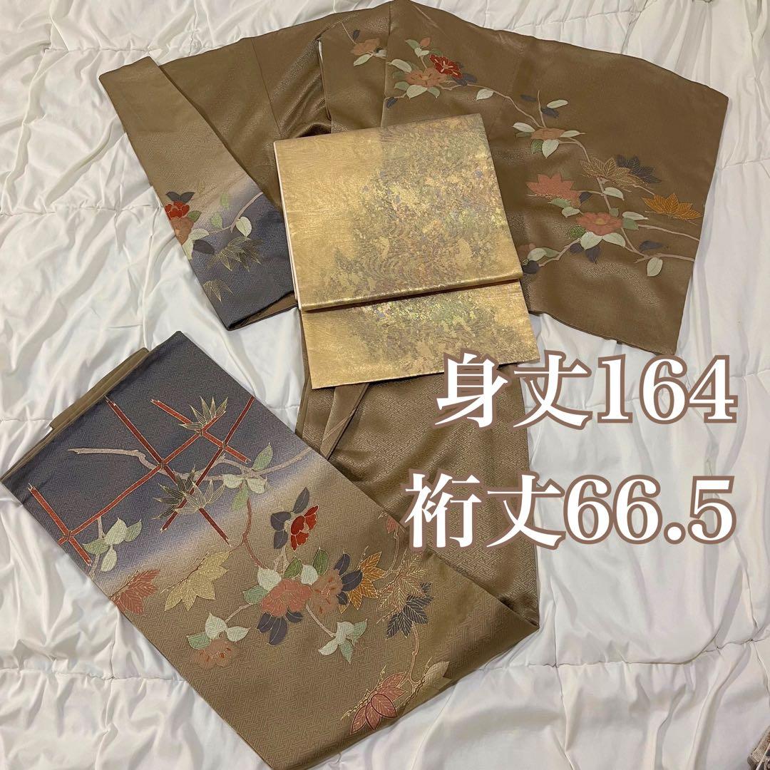 訪問着　付下げ　袷　正絹　ブラウン　茶色　ブロンズ　トールサイズ　ロング丈