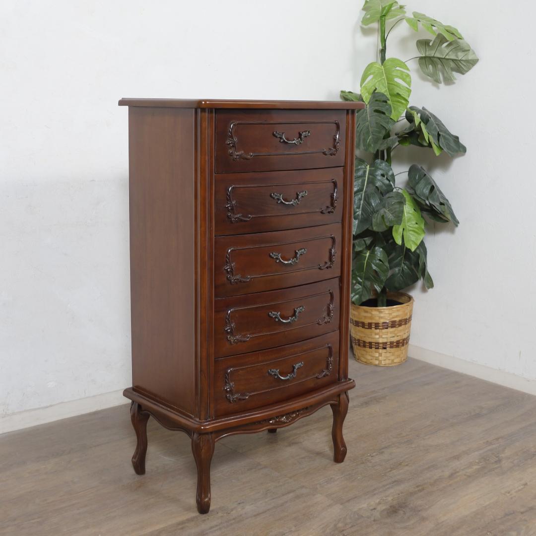 【新品・未使用】　アンティーク調　5段チェスト　猫脚　手掘り仕上げ