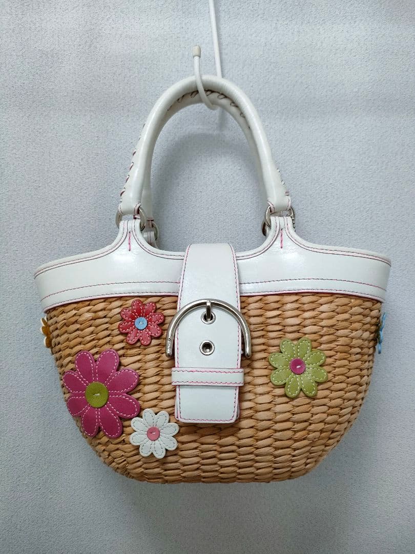 COACH コーチ フラワーモチーフ ストロー レザー かご バッグ