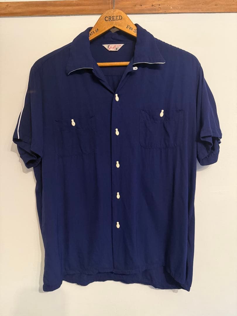 60sヴィンテージボーリングシャツ紺ネイビーピンボタン古着