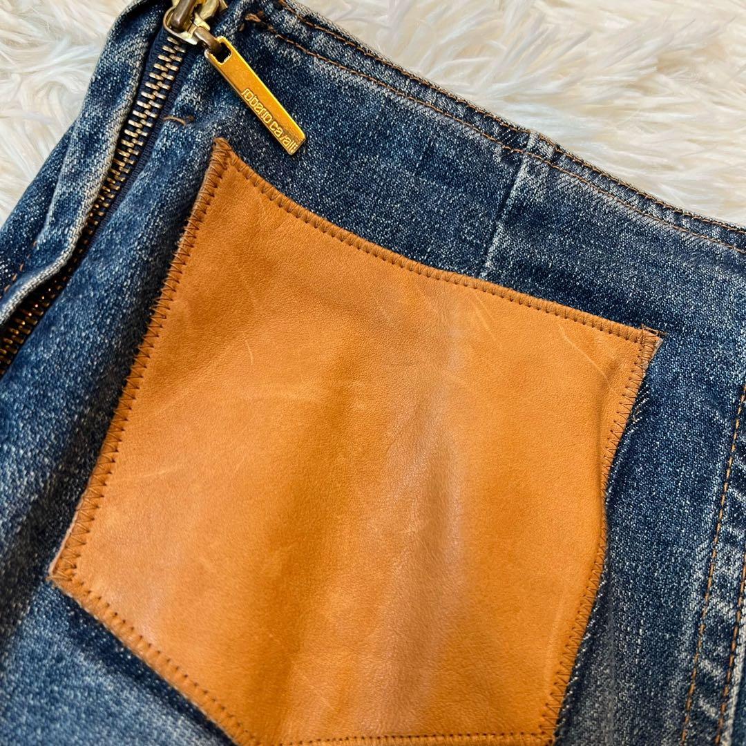 ロベルトカヴァリ ヴィンテージ デニム マーメイド スカート 革 ポケット 希少