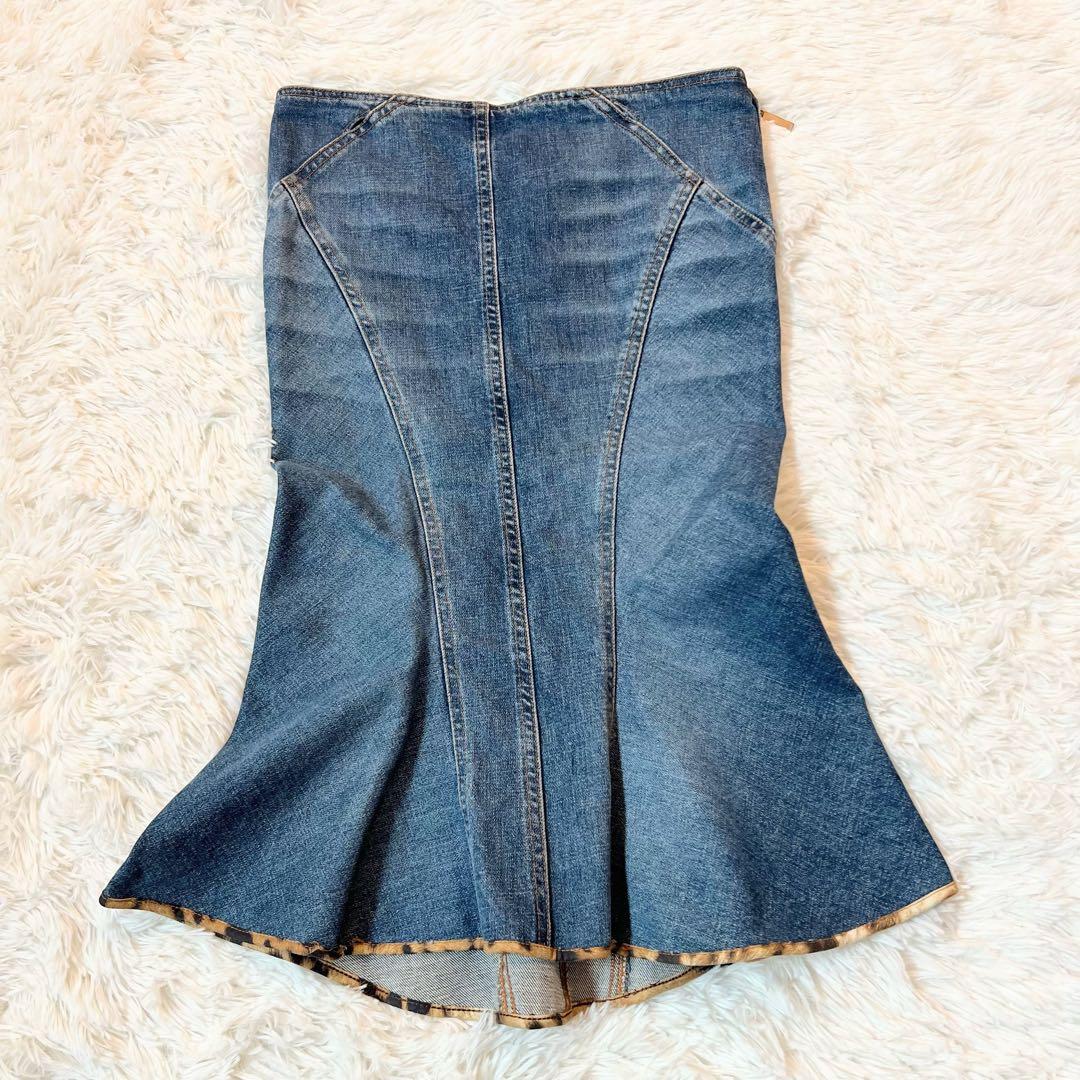 ロベルトカヴァリ ヴィンテージ デニム マーメイド スカート 革 ポケット 希少