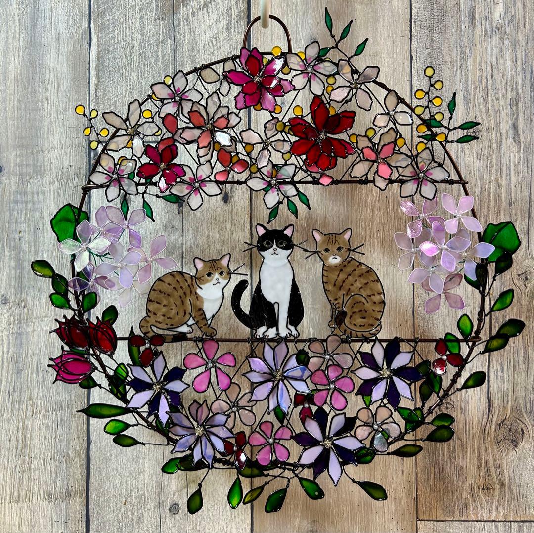 ひーたん「猫さんとフルーツ~ピアノ枠」「3猫'S~お花リース」