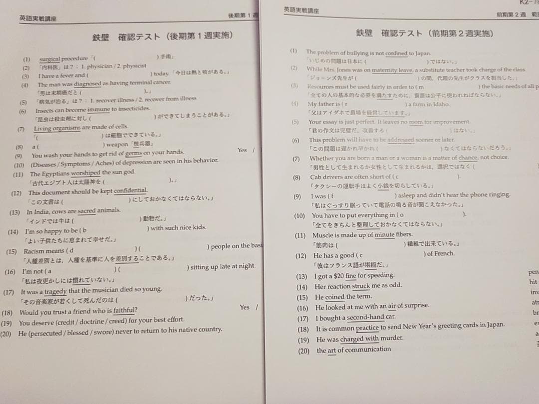 鉄緑会の850問以上　英語実戦講座鉄壁確認テスト通期フルセット　河合塾　駿台