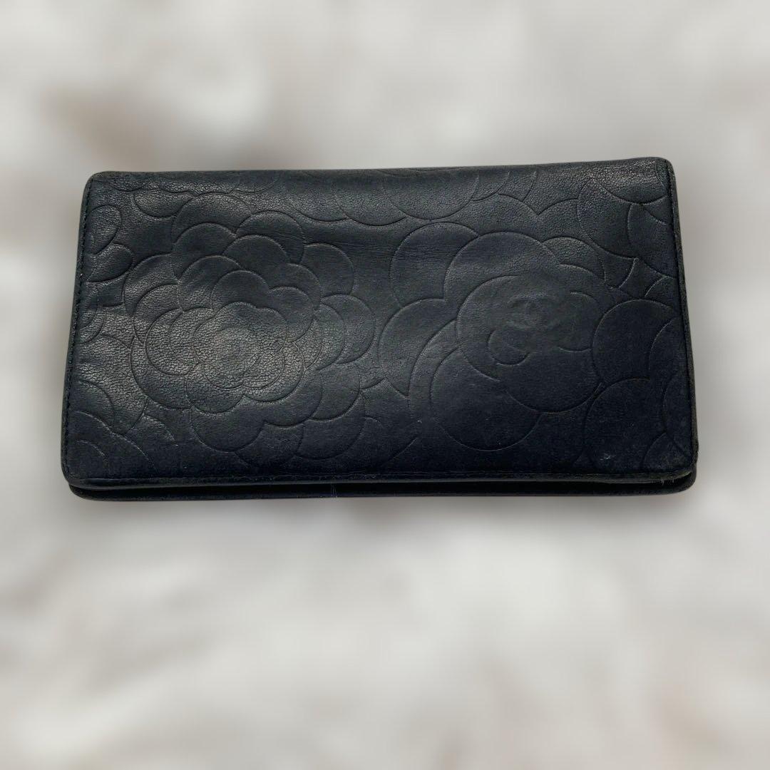 CHANEL ブラック 長財布 フラワーエンボス
