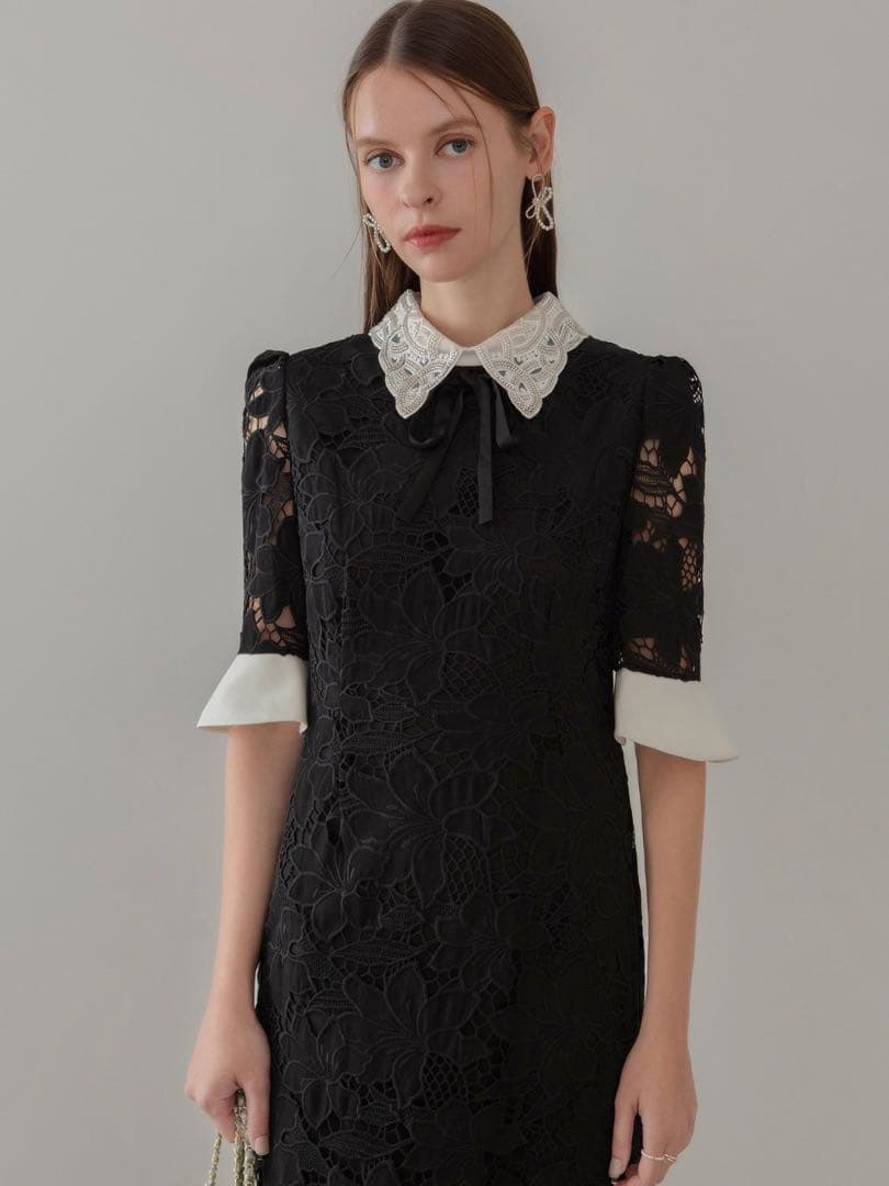 パールカラーボウタイフラワーレースフィッシュテールワンピースドレス結婚式二次会