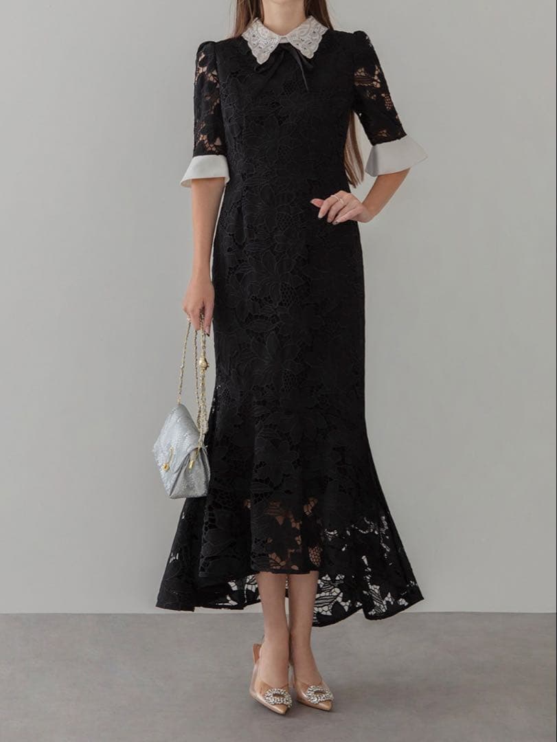 パールカラーボウタイフラワーレースフィッシュテールワンピースドレス結婚式二次会